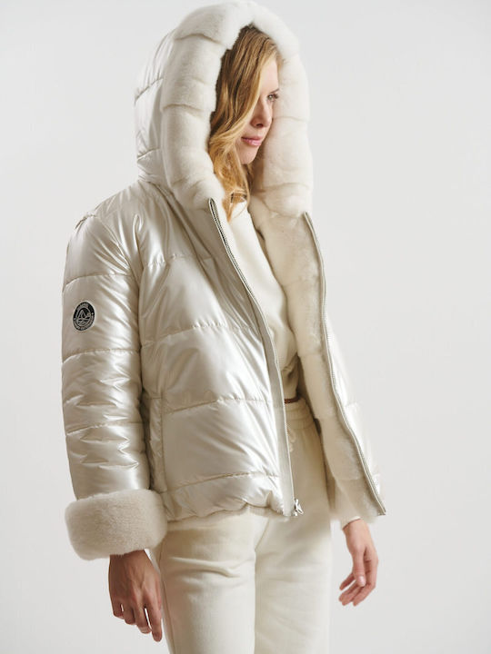 Women's Short Lifestyle Jacket Waterproof and Windproof for Winter with Hood Beige
