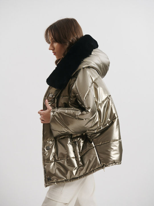 Women's Puffer Jacket Waterproof and Windproof for Winter with Hood Khaki