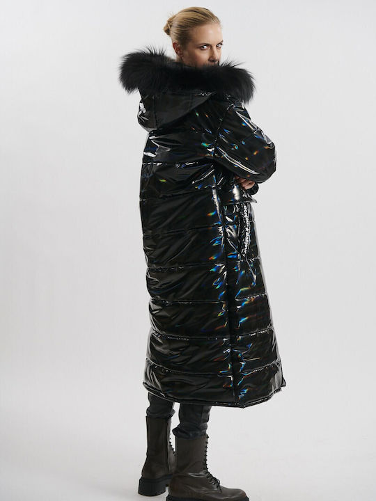 Women's Long Puffer Jacket Waterproof and Windproof for Winter with Detachable Hood Black