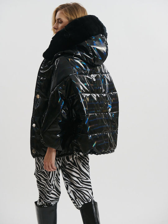 Damen Puffer Jacke Wasserdicht und Winddicht mit pelziger Kapuze für Winter Schwarz