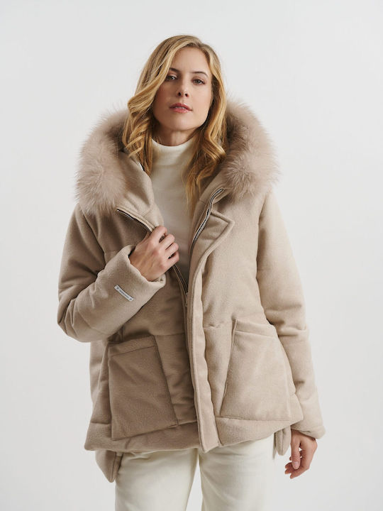 Women's Short Lifestyle Jacket for Winter with Detachable Hood Beige