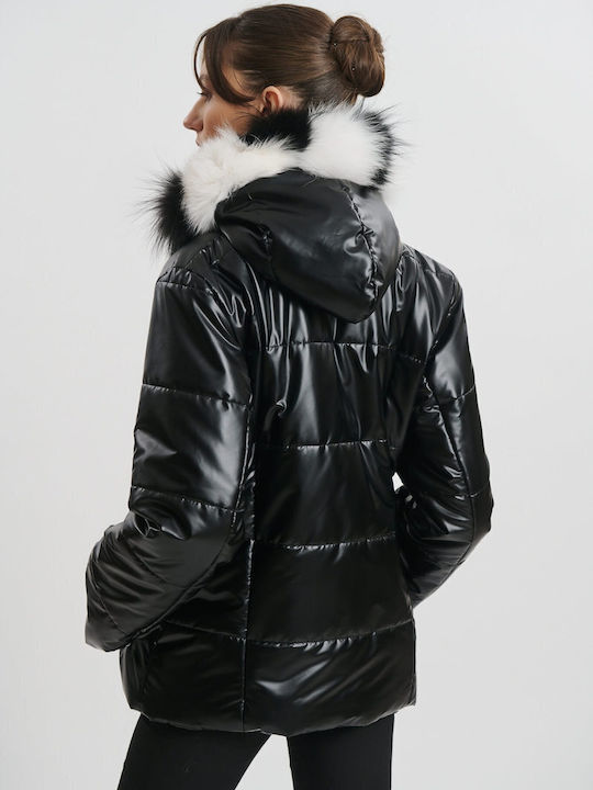 Women's Puffer Jacket Waterproof and Windproof for Winter with Hood Black