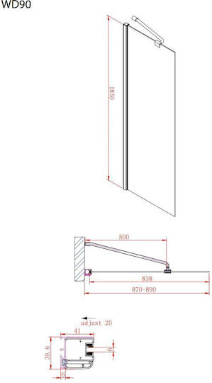 Διαχωριστικό Πάνελ Ντουζιέρας 80xh185cm Βραχίονας Στήριξης Διαγώνια-κάθετη-οριζόντια Devon Iwis Walk In Wd80c-100