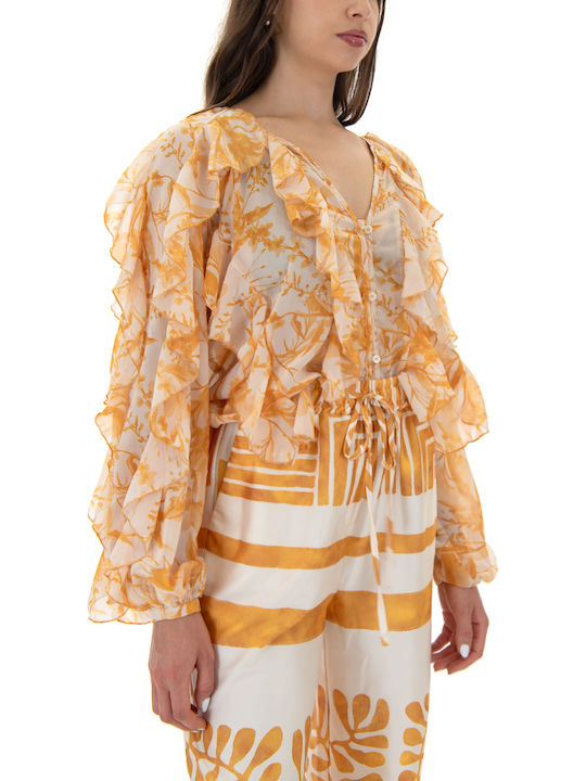 Women's Floral Long Sleeve Shirt Ecru-orange