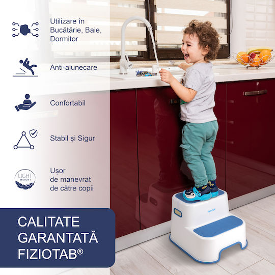 Scăunel Treaptă Pentru Copii Fiziotab Cu Două Trepte Suprafață Antiderapantă Numere Litere Bucătărie Baie Albastru