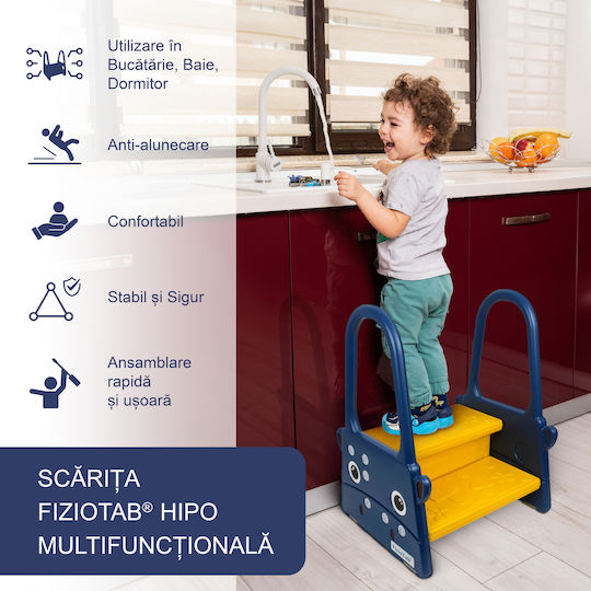 Fiziotab Scăunel Treaptă Pentru Copii Cu Mânere Două Trepte Suprafață Antiderapantă Baie Bucătărie Albastru Închis Galben Hipoalergenic