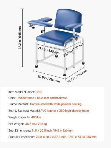 Vevor Phlebotomy Chair Blood Draw Chair Adjustable Armrests Flip Arm
