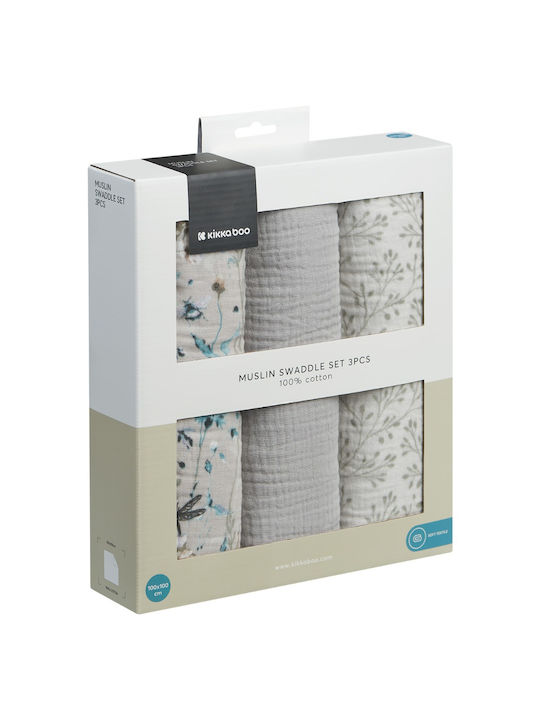 Kikka Boo Dreamy Fields Muslin Swaddle Wraps Grey Gray 100x100cm. 3pcs