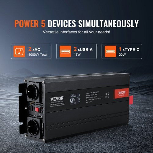 Vevor Car Inverter Pure Sinewave 3000W to Converter 12V DC in 230V AC