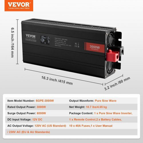 Vevor Car Inverter Pure Sinewave 3000W to Converter 12V DC in 230V AC