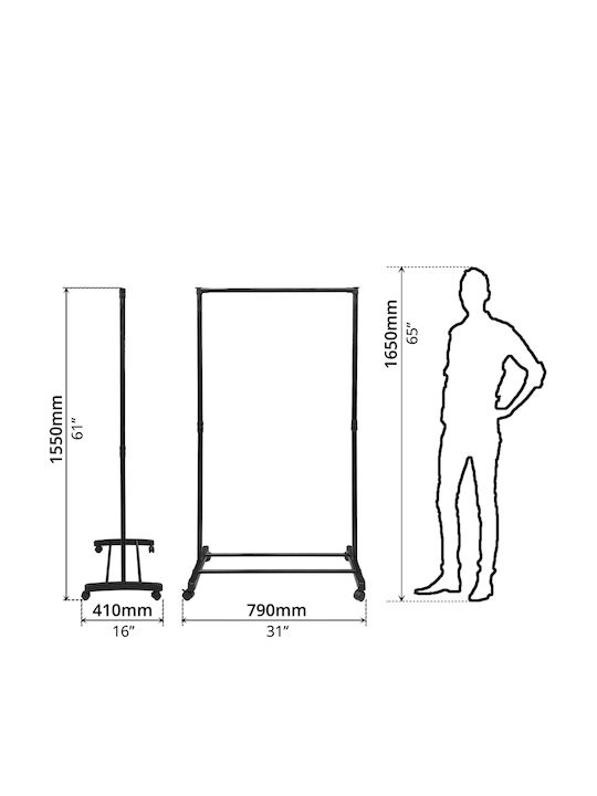 Tres-1 Wheeled Floor Garment Rack made of Metal Black 74.5x41.5x157cm
