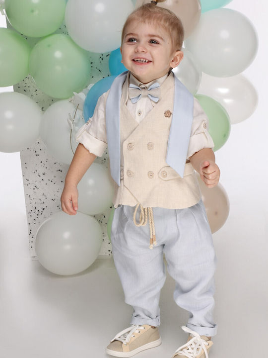 Mi Chiamo Boys Linen Baptism Suit with Vest Ecru
