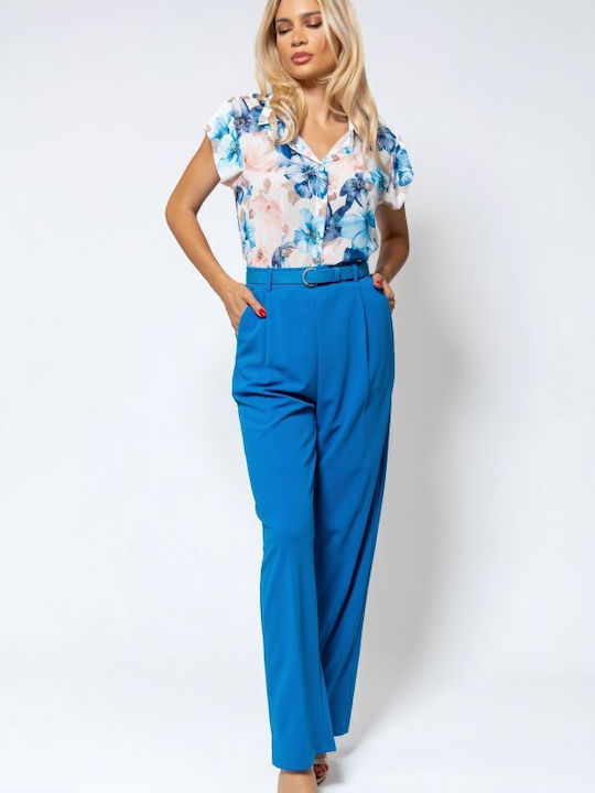 Women's High-waisted Fabric Trousers Straight Line Light Blue