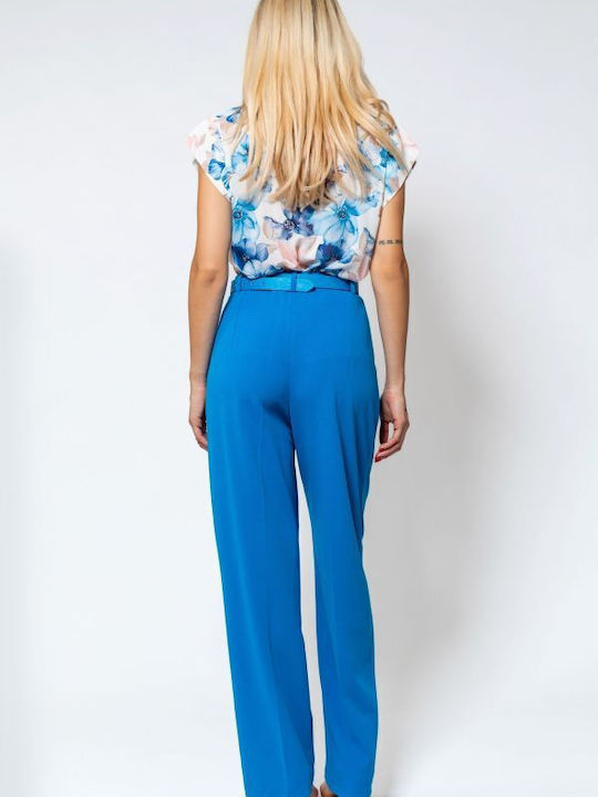 Women's High-waisted Fabric Trousers Straight Line Light Blue