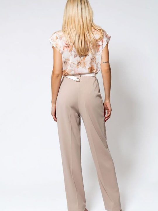 Women's High-waisted Fabric Trousers Straight Line Beige