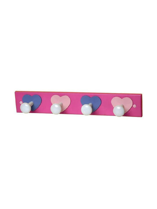 Import Hellas Wooden Kids Wall Mounted Hanger with Hooks Hearts Fuchsia 40.5x7cm