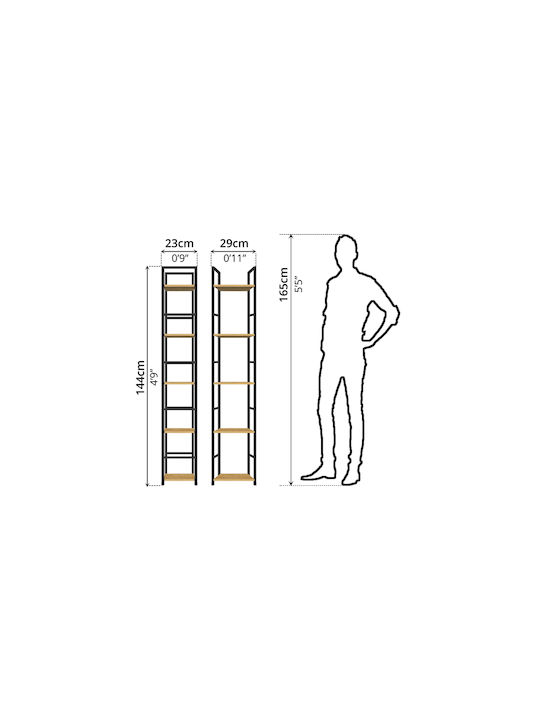 Bookcase Artemis-30144 Oak 5 Shelves 29.1x23.5x144cm Black Metal Frame