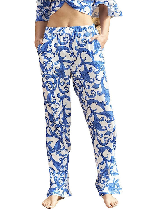 Women's Fabric Trousers with Elastic Floral Blue