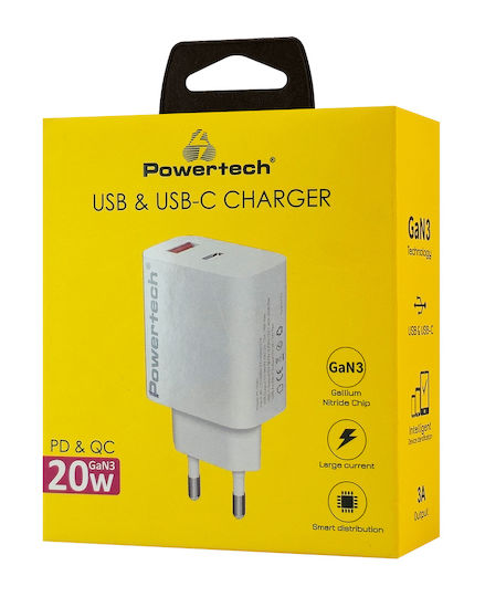 Powertech Ladegerät ohne Kabel GaN mit USB-A Anschluss und USB-C Anschluss 20W Stromlieferung / Schnellaufladung 3.0 Weißs (PT-1437)