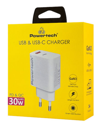 Powertech Ladegerät ohne Kabel GaN mit USB-A Anschluss und USB-C Anschluss 30W Schnellaufladung 3.0 Weißs (PT-1433)
