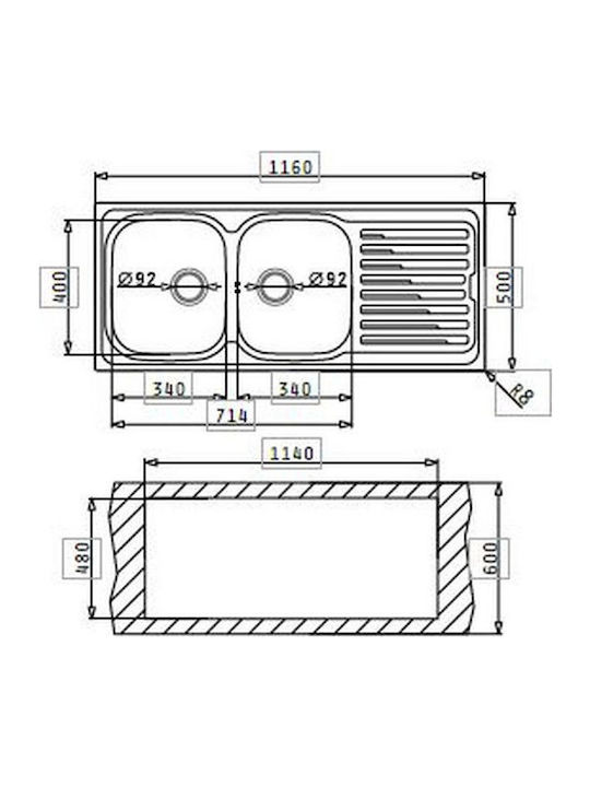 Pyramis Amaltia Plus 2B Ένθετος Νεροχύτης Αριστερός Inox Σατινέ Μ86xΠ50cm Ασημί