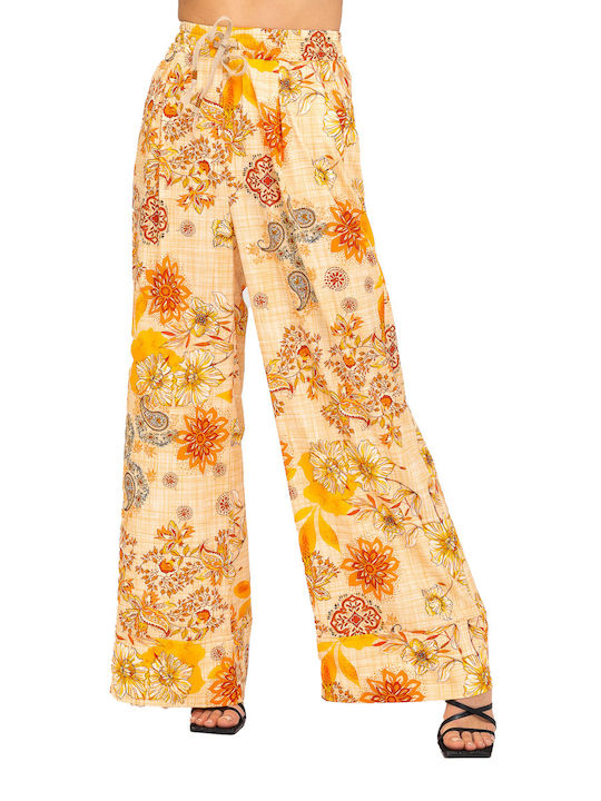 Abita Women's High-waisted Fabric Trousers with Elastic Straight Line Floral Orange