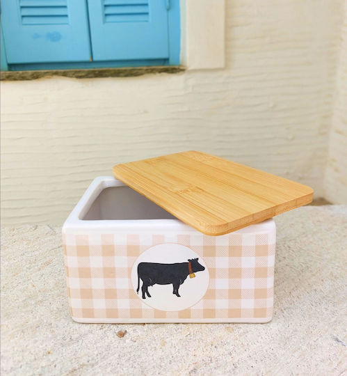 Butterdose Ageleaditsa Beige Keramik Natürlicher Holzdeckel 14x9,5x8cm Antimikrobiell