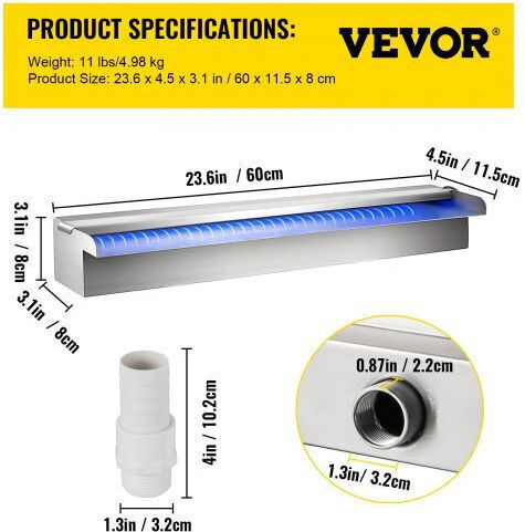 Vevor Pool Waterfall with Multicolor LED Lighting made of Stainless Steel 59.944x11.43x7.874cm