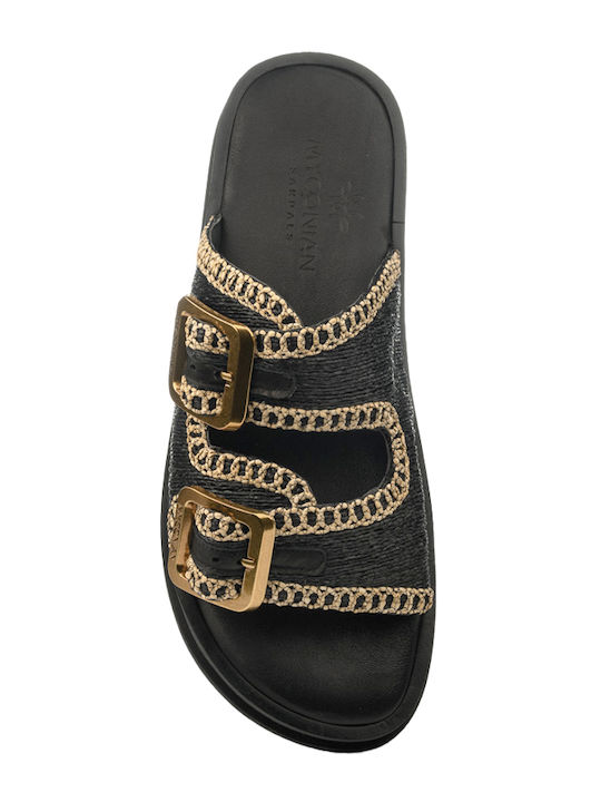 Leather Women's Flat Sandals in Black Color