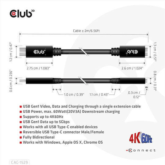 Club3D USB 3.1 Кабел USB-C мъжки - USB-C женски 60W PD Черен 2m CAC-1529