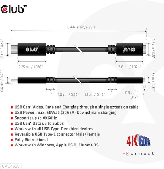Club3D USB 3.1 Кабел USB-C мъжки - USB-C женски 60W PD Черен 2m CAC-1529