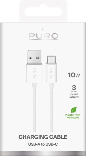 Puro Regular USB 2.0 Cablu USB-C bărbătesc - USB-A 10W Alb 3m
