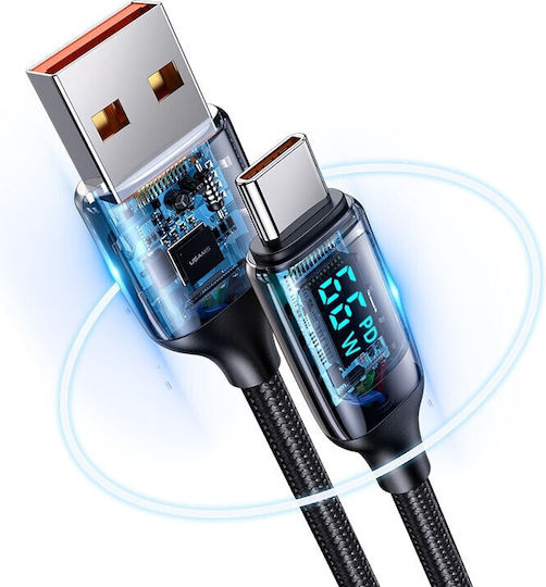 Usams US-SJ544 Braided LED USB 2.0 Cable USB-C Male - USB-A 66W PD Black 1.2m