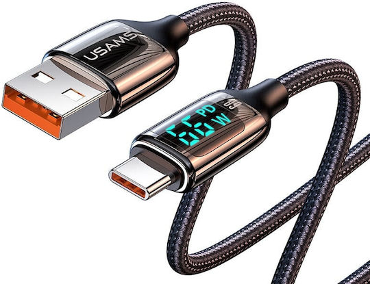 Usams US-SJ544 Braided LED USB 2.0 Cable USB-C Male - USB-A 66W PD Black 1.2m