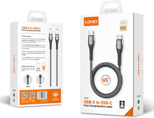 Ldnio LC102 Плетена USB 2.0 Кабел USB-C мъжки - USB-C мъжки 65W Сив 2м