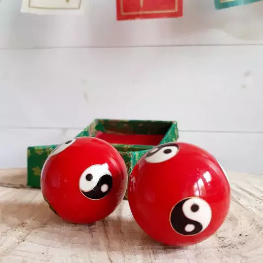 Zen Meditation Hand Balls Yin Yang Red 2 Pieces Steel 4cm Therapy Balls