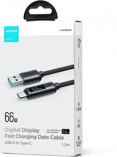 Joyroom S-AC066A16 Braided / LED USB 2.0 Cable USB-C Male - USB-A 66W PD Black 1.2m