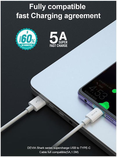 Devia Shark Series USB 2.0 Cable USB-C male - USB-A 25W Λευκό 1.5m DVCB-344602
