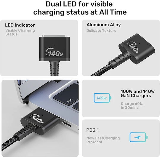 Unitek USB 2.0 Cable USB-C male - Magsafe 3 140W PD Μαύρο 2m C14121BK-2M