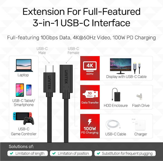 Unitek USB 3.2 Video Cable USB-C male - USB-C female 100W PD Μαύρο 1m C14086BK-1M