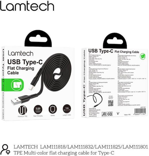 Lamtech Flat USB 2.0 Cable USB-C male - USB-A 18W Μαύρο 1m LAM111801