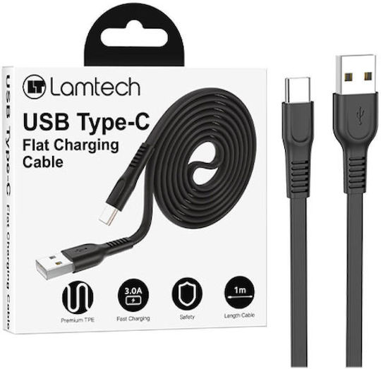 Lamtech Flat USB 2.0 Cable USB-C male - USB-A 18W Μαύρο 1m LAM111801