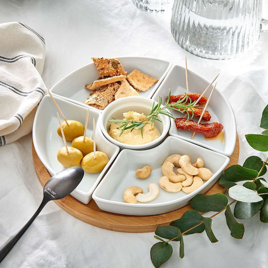 Tiered Appetizer Stand White Porcelain with Bamboo Diameter 26 Cm Height 4.5 Cm