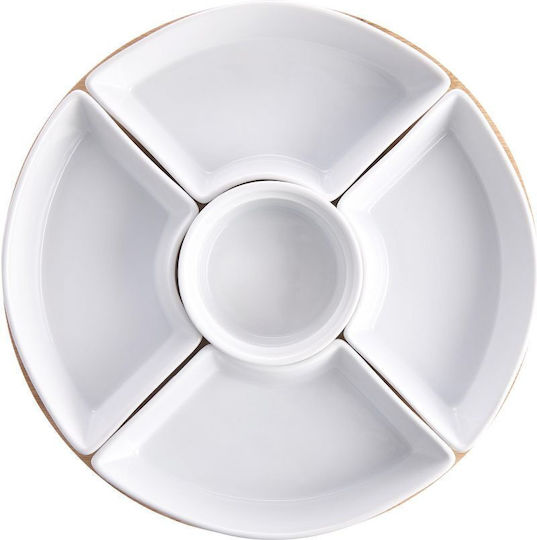 Tiered Appetizer Stand White Porcelain with Bamboo Diameter 26 Cm Height 4.5 Cm