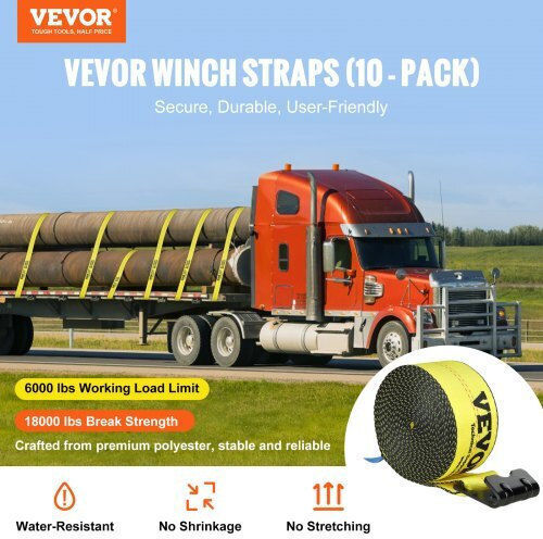 Vevor Winch Straps 4" X 30' 6000 Lbs Load Capacity 18000 Lbs Break Strength Truck Straps Flat Hook Flatbed Tie Downs Cargo Control Trailers Farms Rescues Tree Saver Yellow 10 Pack