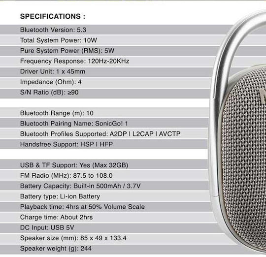 Sonic Gear Go 1 Bluetooth Speaker 5W with Radio and Battery Life up to 4 hours Gray