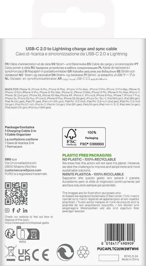 Puro Редовна USB-C към Lightning кабел 20W Бял 3м