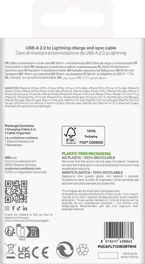 Puro USB-A to Lightning Cable 12W Λευκό 2m