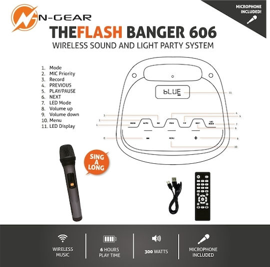 N-Gear Тонколона Караоке с Безжичен Микрофон и Светлинни Ефекти The Flash Banger 606 Черен