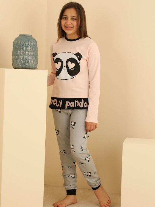 Kids Winter Pajama Sevim Lovely Panda Cotton Pastel Salmon